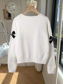 SHEIN 少女时尚简约蝴蝶结提花针织长袖开衫，蝴蝶结开衫，可爱开衫，女童开衫，秋冬开衫 - 米色 - 查看 2