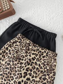 Baby Girl 2pcs Set: Loose Leopard Print Wide Leg Pants And Solid Black Wide Leg Pants , Casual Chic Outfits For Autumn/Winter - Black - View 5