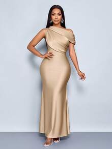 SOLERSUN 夏季女士服装婚礼派对优雅杏色针织亮面面料不对称露肩无袖拼接收褶修身鱼尾裙摆长裙 - 卡其色 - 查看 6