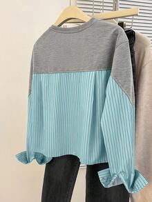 SHEIN Essnce Áo sơ mi nữ cổ tròn tay dài cài nút họa tiết kẻ sọc chắp vá - Màu xanh ngọc - Xem 2