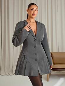 SHEIN BAE 秋冬大码优雅通勤褶皱下摆前扣连衣裙