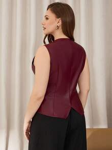 Auralis Christmas Plus-Size Women's Burgundy PU Red Top,Autumn Elegant Formal Metal Buckle Waistcoat,Office Commuting Suit Top,Cute PU Clothing Winter - Burgundy - View 2