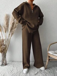 EURMUSE Drop Shoulder Zipper Half Open Knitted Sweater And Pants Two Piece Set - Rust Brown - View 5