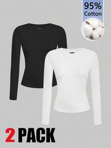 SHEIN EZwear Camiseta de manga larga de cuello redondo de diseño minimalista de unicolor, versátil, talla grande - Blanco y Negro - Ver 1