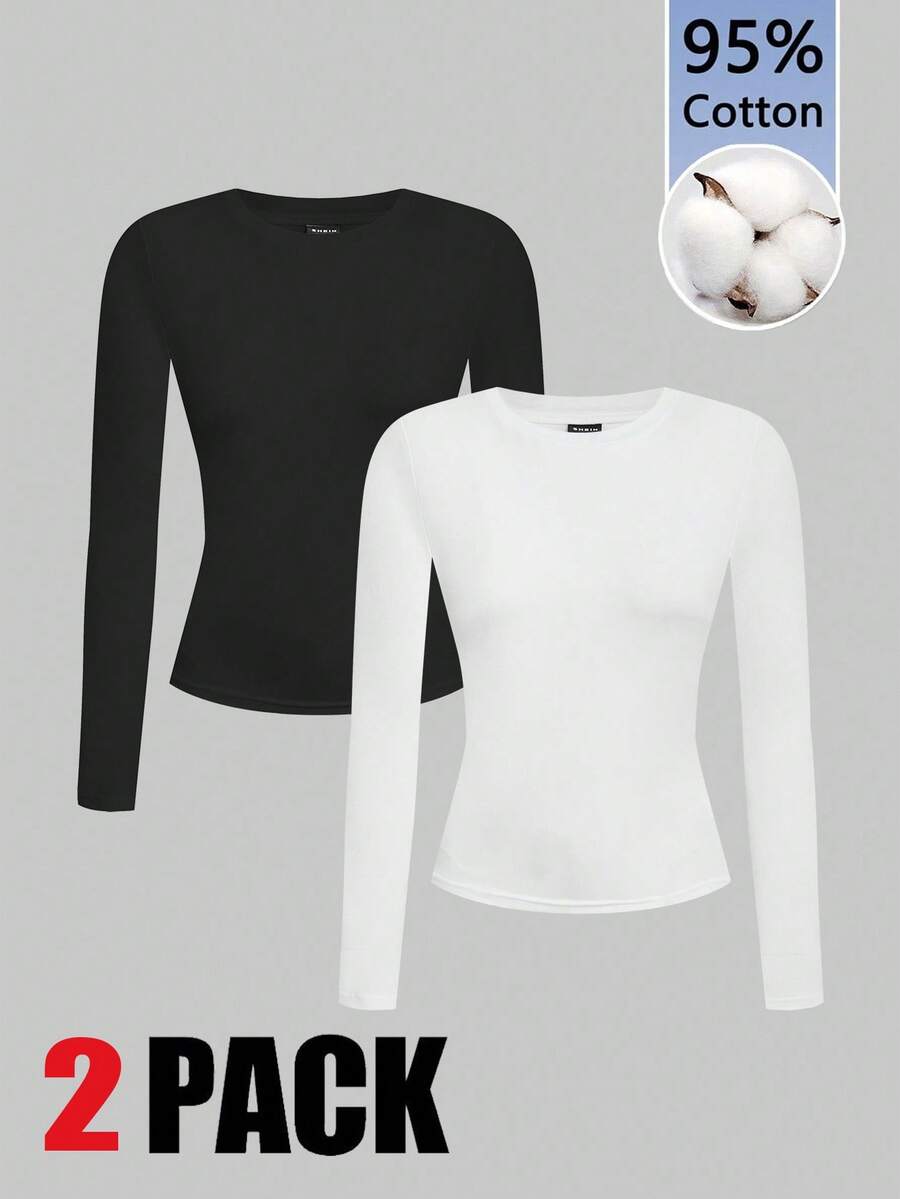SHEIN EZwear Camiseta de manga larga de cuello redondo de diseño minimalista de unicolor, versátil, talla grande - Blanco y Negro - Ver 1