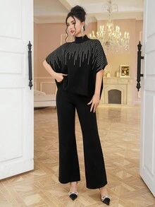 DAZY 2 件套女式休闲水钻装饰高领 3/4 袖毛衣和裤子套装，秋季 - 黑色 - 查看 3