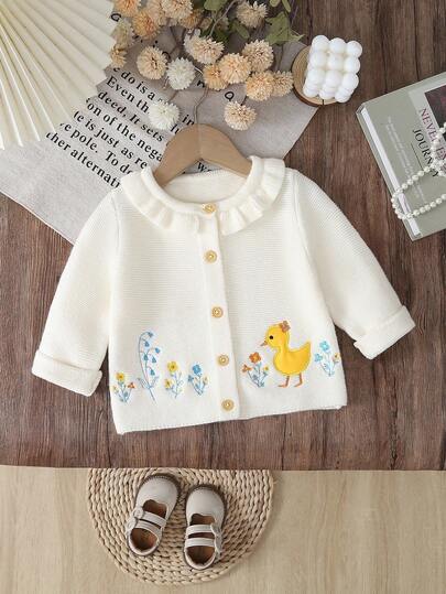 SHEIN Cardigan tricotat cu broderie florală și guler cu volane pentru bebeluși, elegant și dulce, alb, versatil pentru purtare zilnică, potrivit pentru toamnă/iarnă, potrivit pentru casă, ieșiri, școală, călătorii