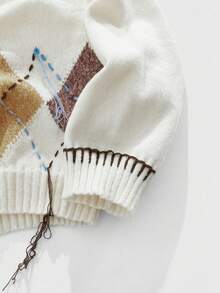 ROMWE MEN Casual 男士菱形图案长袖休闲针织开衫，秋冬 - 米色 - 查看 5