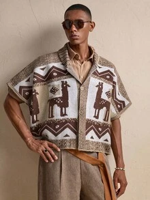 AKNOTIC Business Casual Áo len dệt kim họa tiết hình học và động vật thời trang nam - Màu Khaki - Xem 2