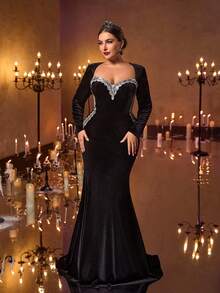 Glamrae 加大码优雅黑色甜心领长袖撞色领珠绣花丝带美人鱼下摆拖尾礼服，适合庆祝、派对、婚礼、晚会 - 黑色 - 查看 2