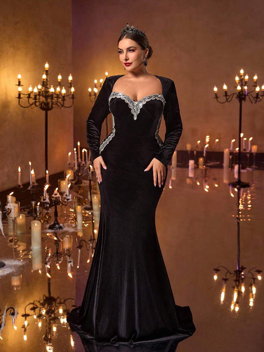 Glamrae 加大码优雅黑色甜心领长袖撞色领珠绣花丝带美人鱼下摆拖尾礼服，适合庆祝、派对、婚礼、晚会