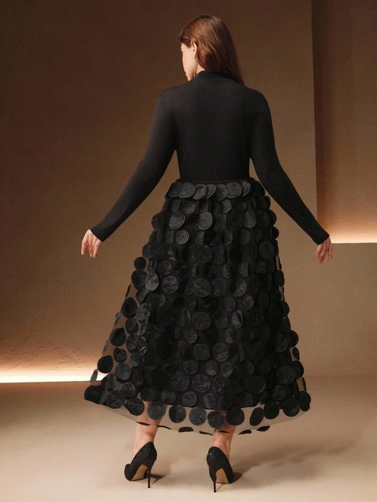 Vestido de mujer de alta calidad y de moda para tallas grandes, con diseño de cuello alto pequeño, falda de malla con capas, elegante y estiloso