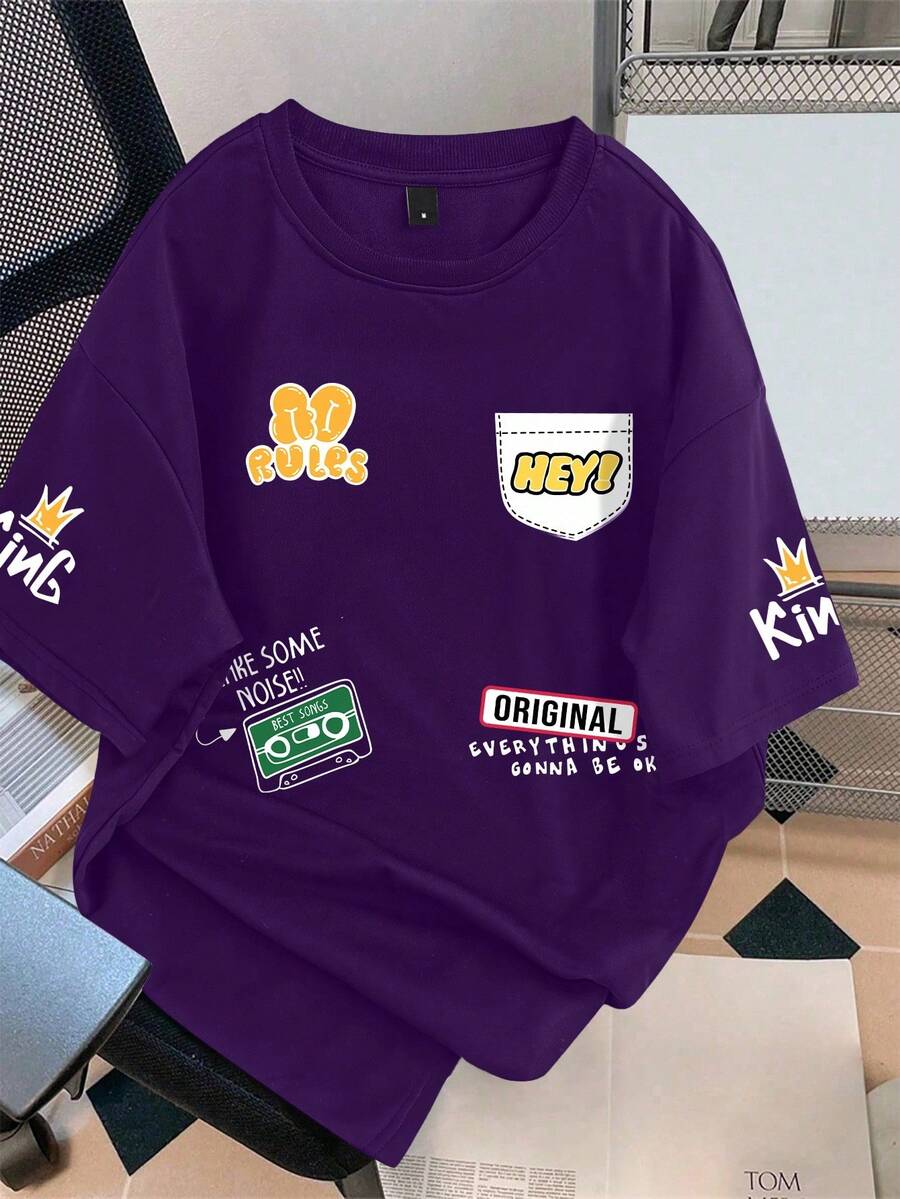Claim Dot Men Cartoon & Slogan Graphic Drop Shoulder Tee - Purple - View 1