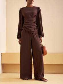 Zivah 2025 秋季新款音乐节、复活节、圣帕特里克节、西部风、游牧风、生日派对、毕业典礼、学院风、学生装、日常休闲、百搭百搭、休闲、邮轮旅行、海滩、日光浴、病毒式传播、街头服饰、婚礼嘉宾波西米亚风、通勤、早午餐、机场、派对、节日装扮、不对称下摆长袖缎面衬衫和高腰阔腿裤两件套 - 棕色 - 查看 7