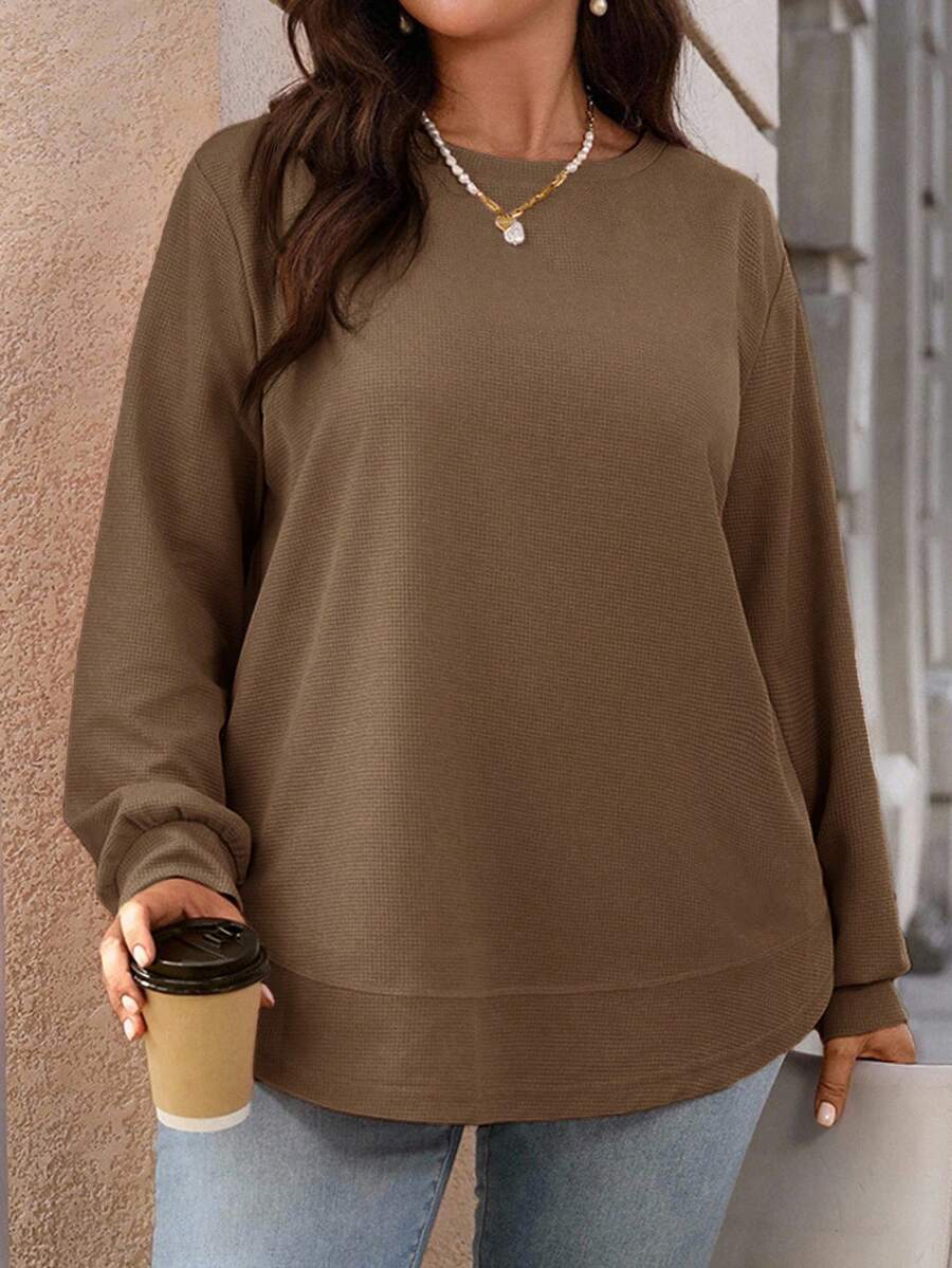 EMERY ROSE Plus Size Solid Color Casual Pullover Sweatshirt, Autumn/ Winter - Brown - View 1