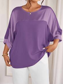 Cravure Plus Size Round Neck 3/4 Raglan Sleeve Purple Autumn Elegant Formal Metallic Fabric Patchwork Contrast Color Woven Cuff Casual Commute Party Shirt - Violet Purple - View 7