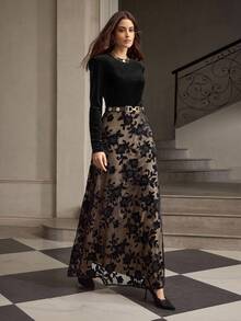 ZEYLAH Elegant Lace Patchwork Velvet Dress, Autumn/Winter - Black - View 6