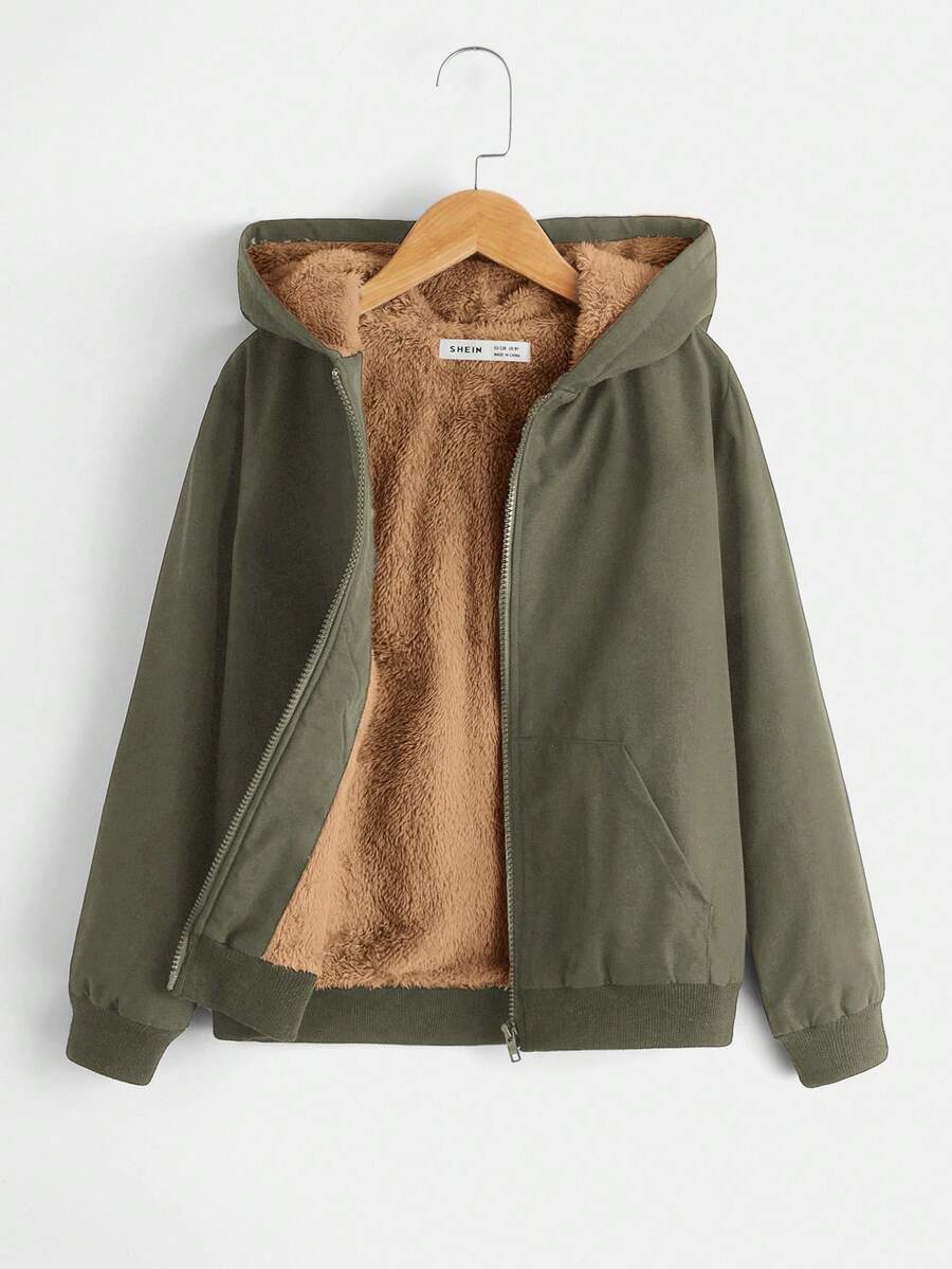 SHEIN Tween Boy 休闲保暖内衬拉链连帽夹克，秋冬保暖 - 軍綠色 - 查看 1