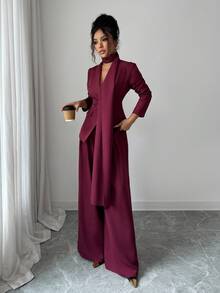 SHEIN Elenzya 女士勃艮第红厚面料不对称设计翻领长袖西装外套和阔腿裤两件套西装，优雅精致 - 酒紅色 - 查看 6