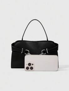 ROMWE Grunge Punk Women's Solid Color Chain Decor Shoulder Bag - Black - View 4