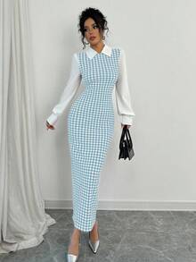 Selianne 时尚简约优雅修身长款拼接泡泡袖衬衫领千鸟格图案面料女式长裙秋冬季超长女装 - 淺藍色 - 查看 4