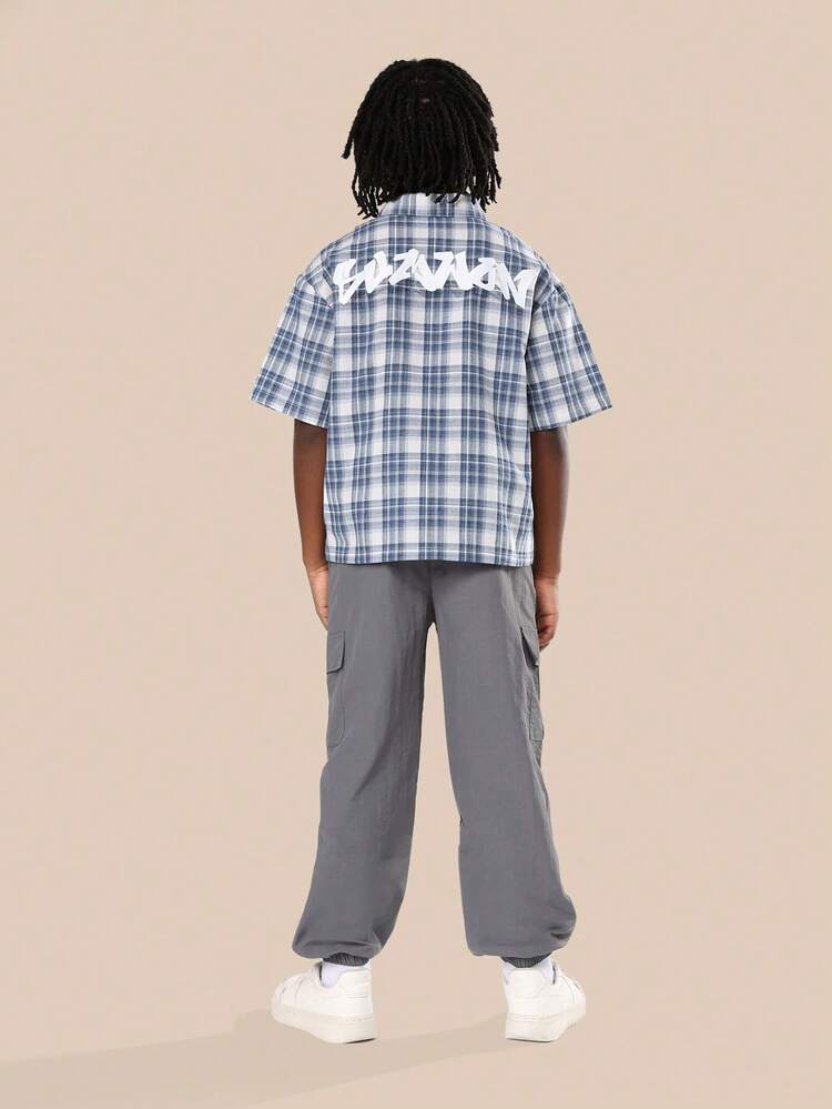 Short Sleeve Check Print Shirt With Nylon Jogger Pants