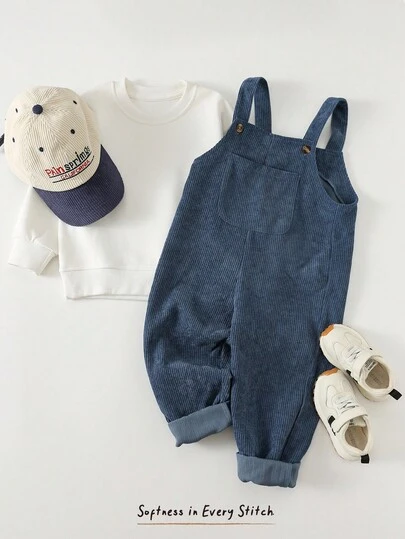 Cozy Pixies 1pc Washed Blue Corduroy Solid Color Bib & Brace Overalls, Casual & Comfortable Baby Boy/Girl Rompers, Toddler Boy/Girl Fall & Winter Clothes Outfits. Solid Color Corduroy Bib & Brace Overalls Set, Comfortable & Versatile, Casual, Academic Style, Cute & Simple Basic, Suitable For Indoor, Outdoor Skiing, Daily Wear, Sports, Play, Party, Photo Shoot, Holidays