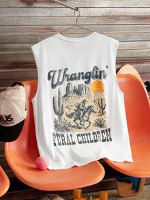 Open Phase STONE DISTRICT Men's Fashion Casual Western Cowboy Letter Print Round Neck Undershirt, Suitable For Daily, Casual And Commuting Wear Spring To Summer - White - View 5