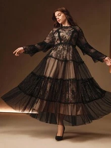 Anewsta 大码女式优雅蕾丝波点网眼拼布荷叶边长袖连衣裙，浪漫风格，适合圣诞节、新年派对、约会、秋冬 - 黑色 - 查看 2