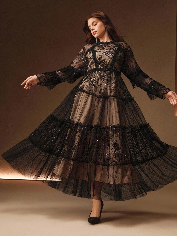 Plus Size Women Elegant Lace Polka Dot Mesh Patchwork Ruffle Long Sleeve Dress, Romantic Style For Christmas, New Year Party, Date, Autumn/Winter