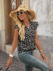 Brillora 休闲夏季时尚花卉V领荷叶边袖女式衬衫 - 彩色 - 查看 7