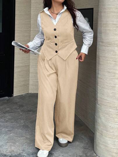 Easura Plus Size Casual Commuter Striped Vest & Pants Suit