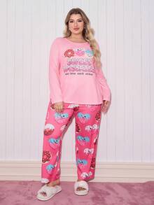 Plus Size Cute Pink Donut Print Comfortable Pajama Set Donut Pajamas Curvy Pajama Pink Sets Pajamas Plus Size Set Sleep Wear Women Plus Cartoon Pajamas Women Kawaii For Autumn/Winter, Cozy Outfit, Fall Clothes