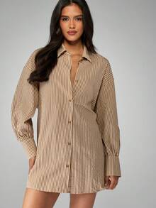 MISSGUIDED 棉质条纹纽扣衬衫裙，长泡泡袖，翻领迷你束腰外衣，秋冬办公室时尚过渡装 - 彩色 - 查看 5