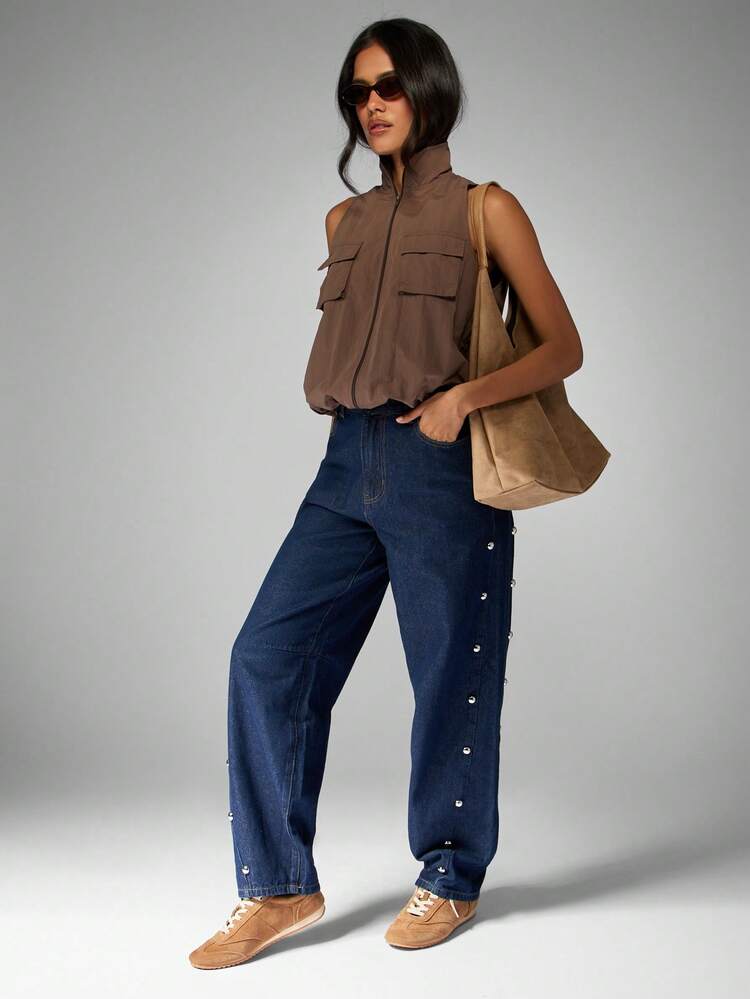 MISSGUIDED Linen Barrel Leg Jeans Silver Metal Stud Side Detail High Rise Wide Straight Cotton Denim Classic Western Fall Winter Fashion