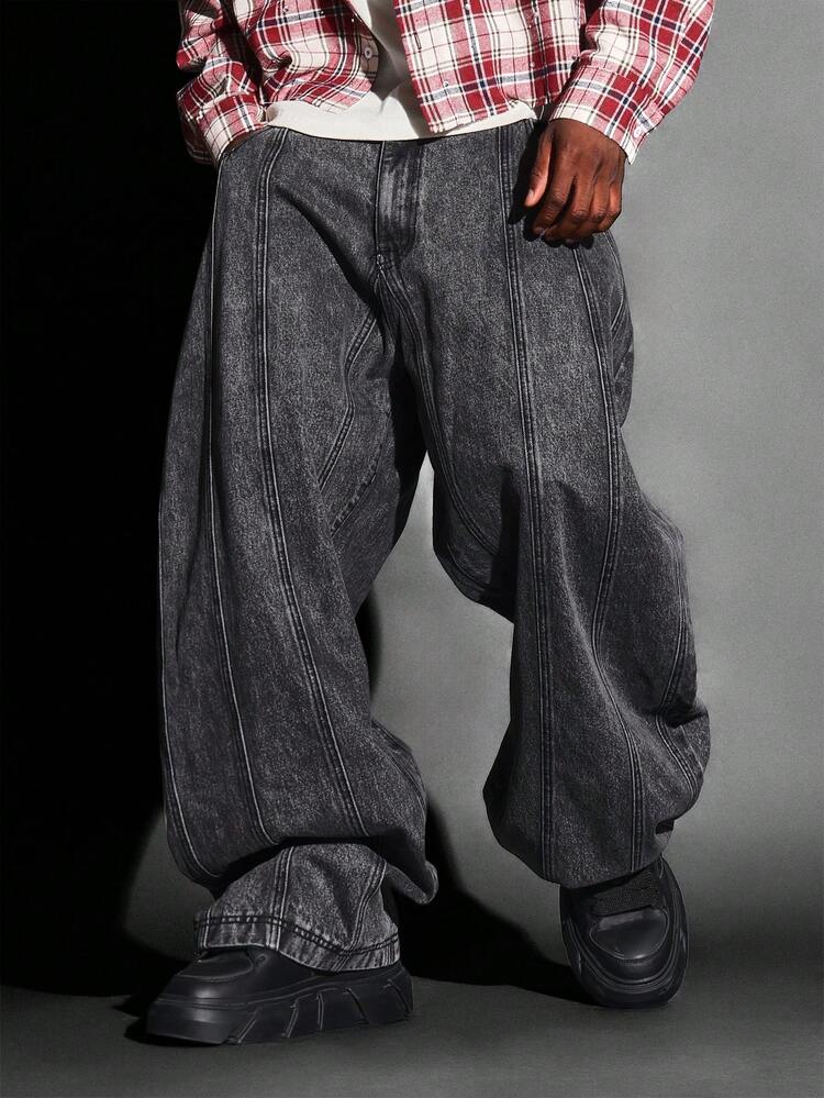 Panelled Wide Leg Denim Jeans With Contrast Stitching