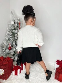 2 pezzi/set Blusa bianca con fiocco decorativo e gonna nera per ragazze, adatta per autunno/inverno - Bianco e nero - Visualizzare 7