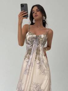 Aloruh 优雅印花杏色吊带长裙 - 粉色 - 查看 6