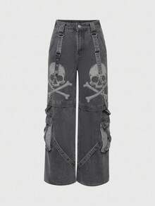ROMWE Grunge Punk Jeans para mujer de estilo urbano con impresión de calavera, cinturón de cadena resistente con múltiples bolsillos y detalles de remaches - Negro - Ver 1