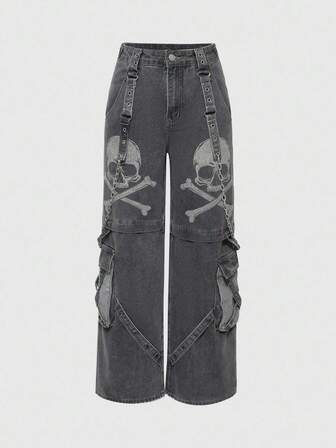 Grunge Punk Jeans da donna dallo stile urbano con stampe di teschi, cintura con catena multifunzione resistente e dettagli di rivetti