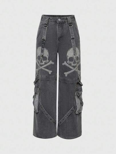 Grunge Punk Jean pour femmes de style street avec une impression de crâne, une ceinture à chaîne multi-poches résistante et des détails de rivets