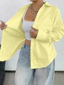 POPSWAY Plus Size Women's Solid Color Long Sleeve Single-Breasted Casual/Work Shirt - Yellow - View 3