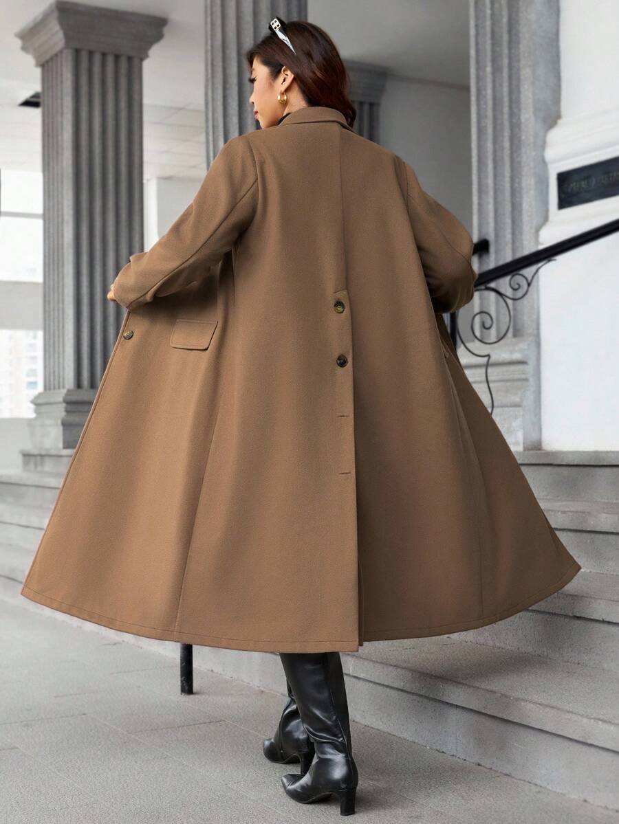 Easura Abrigo largo con abertura y botones de unicolor para mujer talla grande, otoño/invierno - Marrón - Ver 1