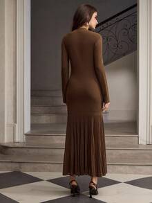 ZEYLAH 优雅圆领腰部收褶长款针织连衣裙，秋冬 - 紫色 - 查看 3