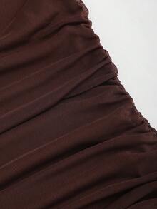 Sweetra Y2K Sexy Ruched Metallic Button Collar Dress - Coffee - View 4