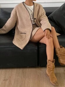 DAZY 2pcs/Set Women Contrast Trim Thickened Teddy Fleece Jacket & A-Line Skirt Casual Elegant Outfit, Autumn/Winter - Khaki - View 7