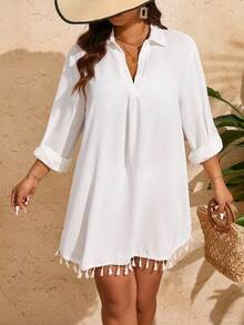 Swim Vcay Plus Size Summer Beach Women's Tassel Hem Beach Cover-Up Shirt - White - View 4