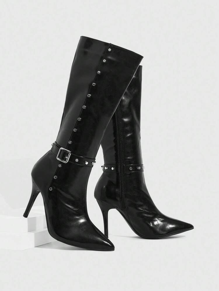 CUCCOO SZL Pointed Toe Stiletto Rivet Decor Sexy Elegant Fashion Knee-High Boots
