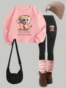 Sparklyn Young Girl Fluffy White Crew Neck Sweatshirt & Leggings Set - Pink - View 3