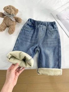 SHEIN Quần jean dài rộng rãi màu xanh dương kiểu Y2K cho bé gái, có lớp lót giữ nhiệt, thích hợp cho mùa thu, mùa đông, phong cách thường ngày và thời trang, đi nghỉ mát, dạo phố. Có thêm lớp lót lông cừu và chất liệu dày dặn giúp giữ ấm. - Rửa tối - Xem 6